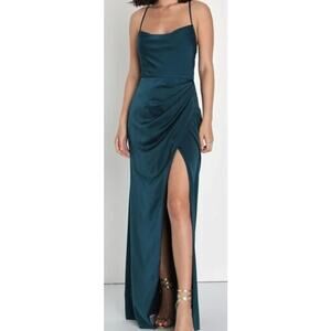 LULU'S XL Moments of Beauty Dark Teal Satin Cowl Neck Tulip Maxi Dress NEW B53